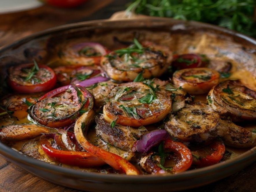 Kalfslapjes met tomaat, paprika en ajuin uit de oven