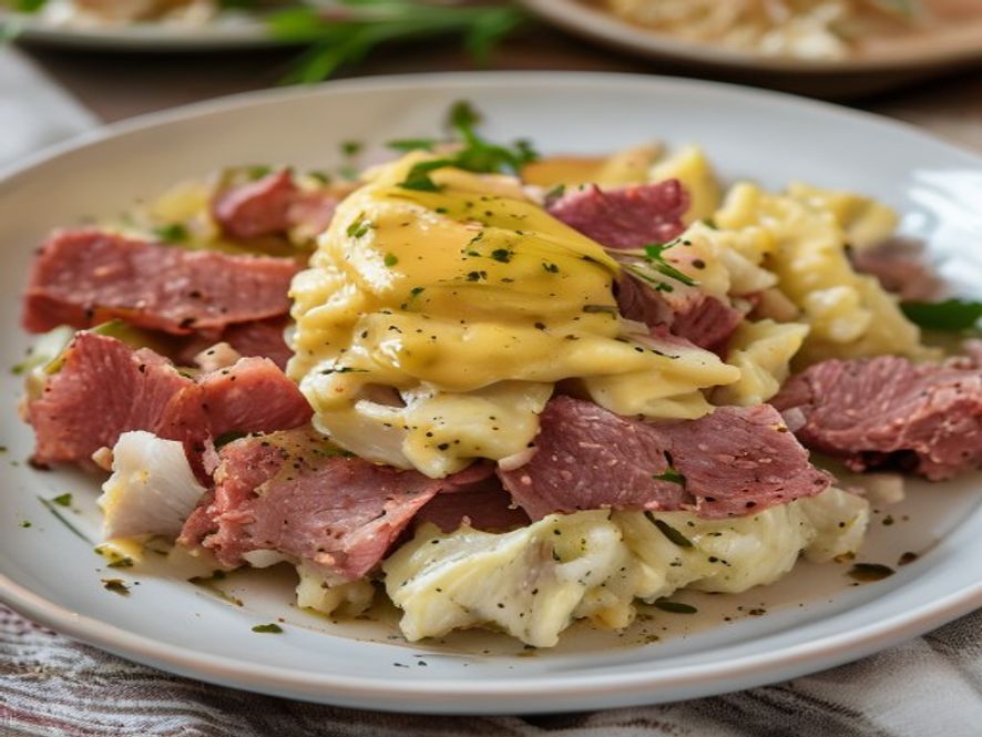 Corned beef stoemp met witloof en mosterdsaus