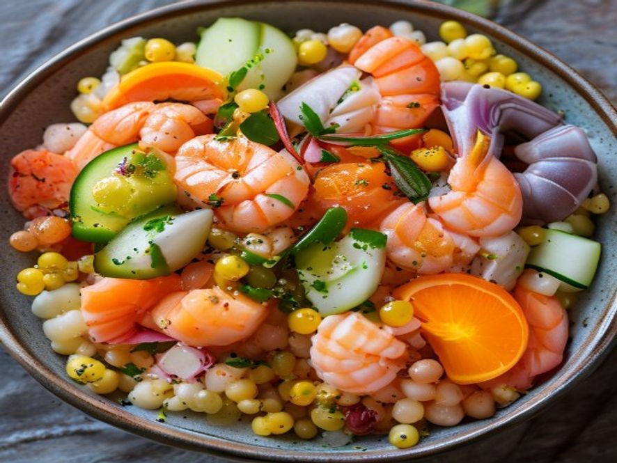 Zalmtartaarbowl met parelcouscous en Noordzeegarnalen